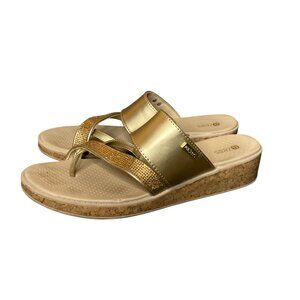 Bzees Bora Bright Womens Gold Wedge Sandals Size 9M With Rhinestone Strap & Cork